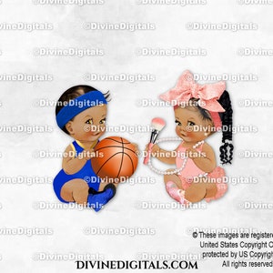 Basketbal voor lay-up of make-up koningsblauw roségoud | Zittend babyjongen meisje medium vlechten | Gender Reveal-tweeling | Clipart direct downloaden