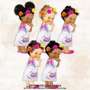 Vestido mexicano bordado com cabeça de flor, guirlanda rosa choque, laranja e amarelo, México | Bebê menina, 3 tons de pele, bufantes | Clipart para download instantâneo