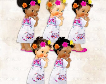 Mexican Embroidered Dress Flower Head Wreath Hot Pink Orange Yellow Mexico | Baby Girl 3 Skin Tones Puffs | Clipart Instant Download