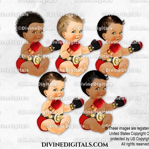Boxer Red & Gold Championship Belt Boxeo Guantes Champ / Bebé Niño Sentado 3 Tonos de Piel / Clipart Descarga Instantánea
