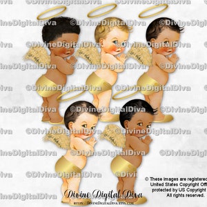Pantofole con pannolini d'oro, angelo, piccolo principe, ali, alone / bambino, 3 tonalità di pelle / clipart download immediato