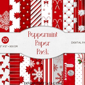 May include: A set of 20 digital papers with a peppermint theme. The designs include red and white patterns such as candy canes, bows, stripes, and snowflakes. Each paper is 30.48 cm x 30.48 cm and 300 DPI. The words "Peppermint Paper Pack" are displayed.