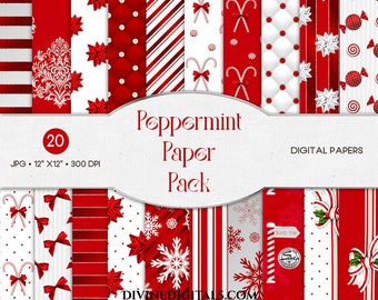 Christmas Peppermint Digital Paper Pack Red & White Silver Candy Cane Snowflakes  Stripes Holiday Backgrounds | Instant Download