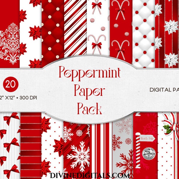 Christmas Peppermint Digital Paper Pack Red & White Silver Candy Cane Snowflakes  Stripes Holiday Backgrounds | Instant Download