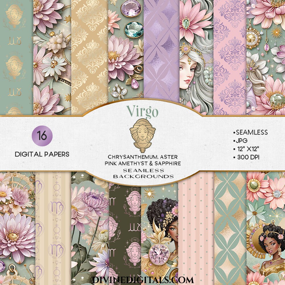 Virgo Zodiac Seamless Background Digital Papers Astrology Birth Month Flower Chrysanthemum & Aster Gems Pink Amethyst and Sapphire CU