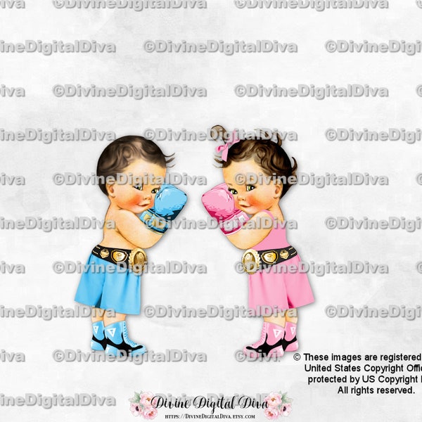 Baby Boxer Light Blue Pink Gold Champ Belt Trunks Boots | Baby Boy Girl Light Tone Brunette | Gender Reveal Twins | Clipart Instant Download