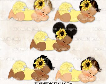 Sleeping Baby Girl Sunflower Yellow Lace Ruffle Pants White Bow | 3 Skin Tones | Clipart Instant Download