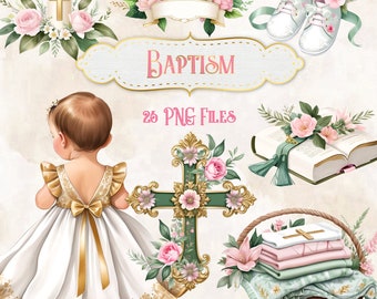 May include: Watercolor illustrations for baptism, featuring a baby in a white and gold dress, a cross, flowers, a candle, a bible, baby shoes, and a basket with folded blankets. The text "Baptism" and "25 PNG FILES" are also included.