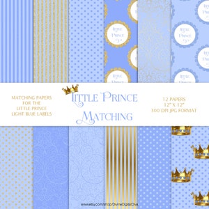 Little Prince Light Blue Gold Glitter Dot Stripe Crown | Baby Boy | Digital Scrap Paper Pack | Instant Download