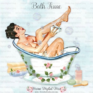 Retro Pinup Girl in Bathtub Pink Roses and Bubbles Digital Clipart Instant Download