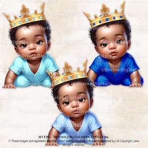 Kleiner Prinz Blau Türkis Royal Blau Gold Krone Krabbeln Baby Boy dunklen Ton Lockiges Haar Baby Shower Geschlecht offenbaren Clipart Instant Download