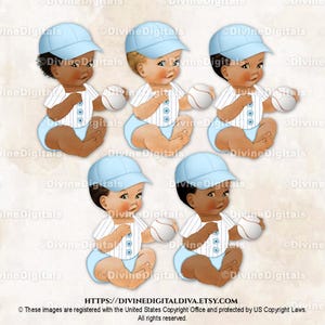 Baseball Player Cap Stripe Shirt Light Blue White | Sitting Baby Boy 3 Skin Tones | Clipart Instant Download