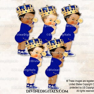 Little Prince koningsblauw shirt en luier goudkleurige sierlijke kroon sneakers rammelaar |  Babyjongen 3 huidskleuren | Clipart direct downloaden