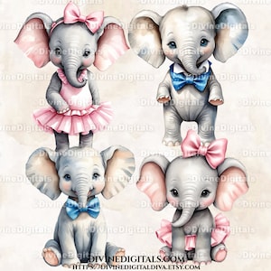 Aquarel babyolifant blauwe vlinderdas roze tutu gender Reveal kinderkamer kunst jongen meisje | Commercieel gebruik Clipart Instant Download Gender Reveal