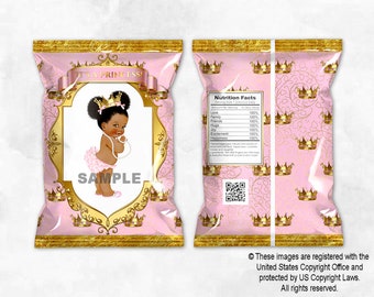 Printable Chip Bags Princess Pink & Gold | Baby Girl Dark Tone Puffs | Ethnic African American | Digital Instant Download