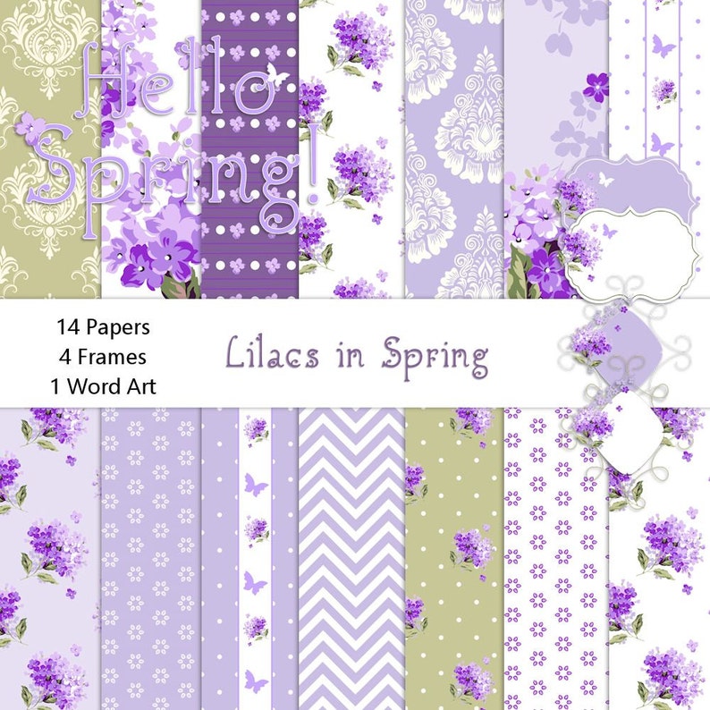14 Papers 4 Frames Labels Tags 1 Word Art Lilacs in Spring Digital Paper Pack Lavender White Green Instant Download