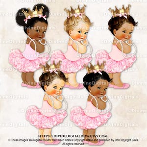 Prinses ballerina roze tutu gouden kroon parelketting | Babymeisje: 3 huidskleuren | Clipart direct downloaden