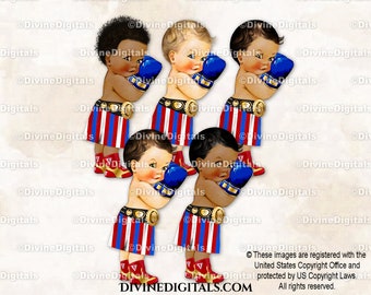 Little Prince Boxer Boxing Champ Red White Blue Shorts & Gloves Gold Championship Belt | Baby Boy 3 Skin Tones | Clipart Instant Download