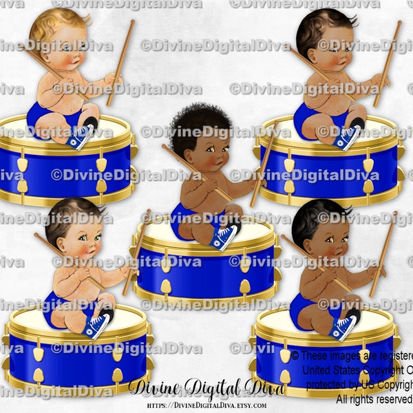 Little Prince Rock Star Drummer Drumsticks Sitting on Drum Royal Blue Gold Sneakers | Baby Boy 3 Skin Tones | Clipart Instant Download