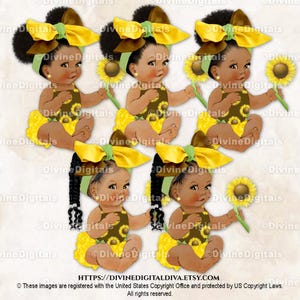 Sunflower Yellow Brown Green Ruffle Pants Big Bow | Sitting Baby Girl Babies of Color Puffs Braids | Clipart Instant Download