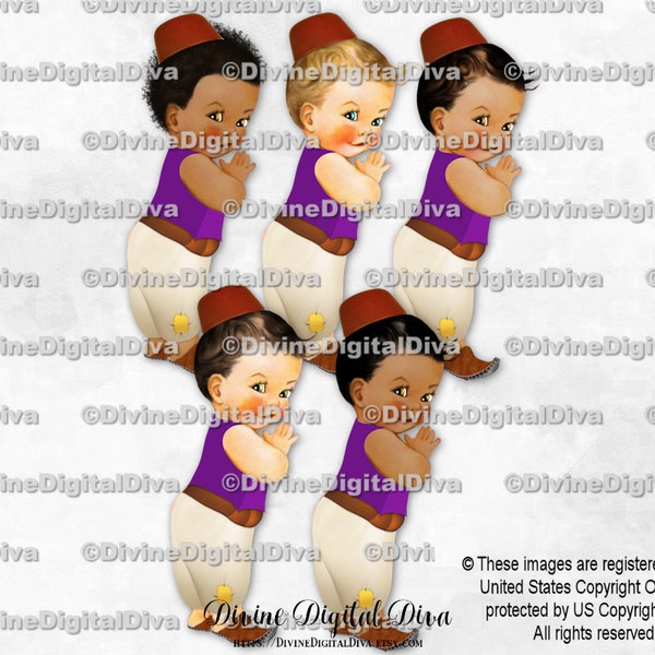 Little Prince Harem Pants Vest Fez Arabian Purple Brown Ivory | Baby Boy 3 Skin Tones | Clipart Instant Download