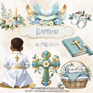 Baptême baptême Bible bannières ange croix bougies cadeaux bébé garçon ton clair bleu sauge or afro-américain PNG Clipart téléchargement CU