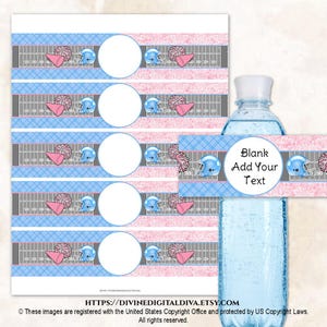 Em branco para adicionar seu próprio texto Touchdowns ou Tutus Gender Reveal Water Bottle Labels Rosa Azul Claro | Clipart Download instantâneo