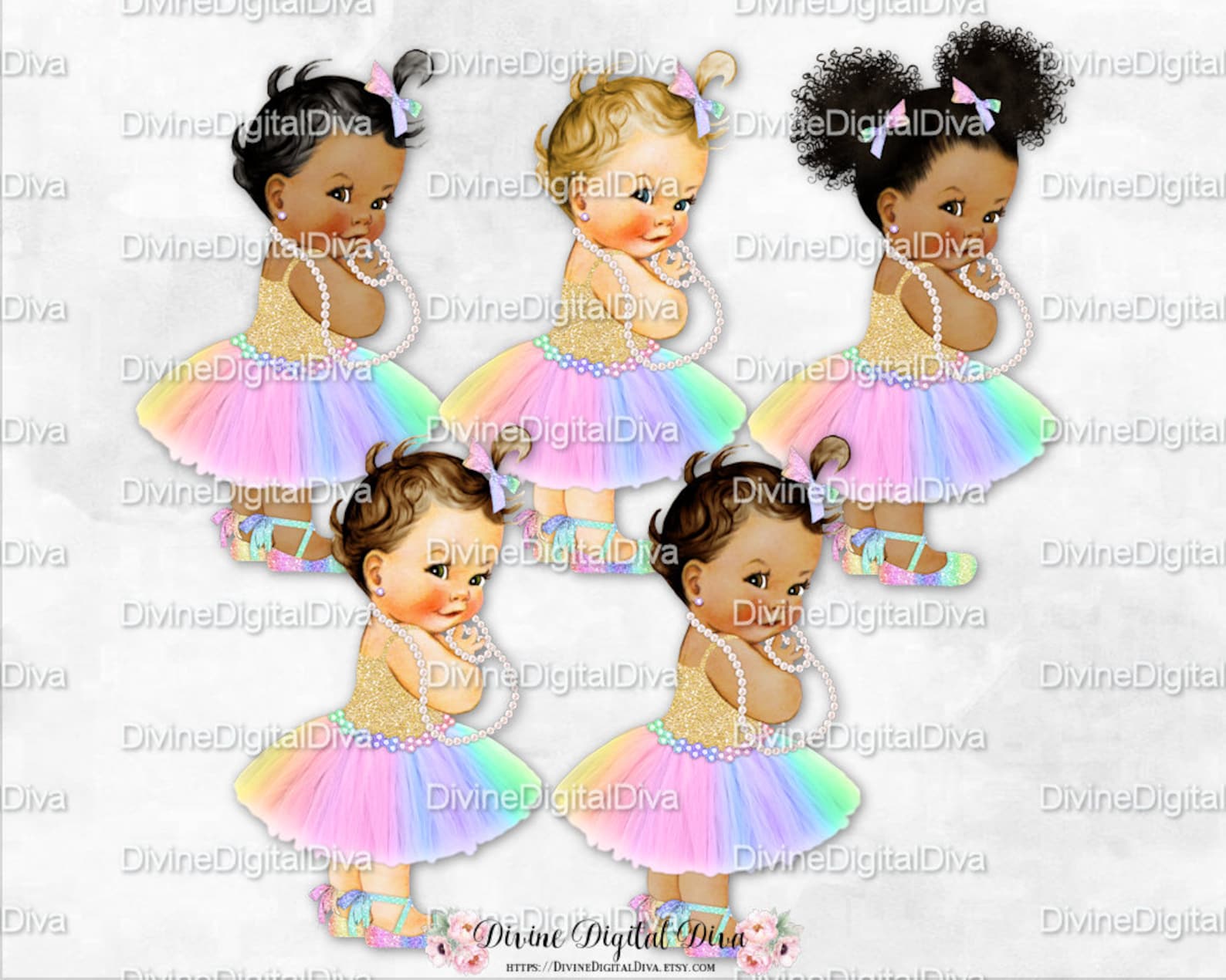 princess pastel rainbow tulle tutu ballet shoe gold shirt | vintage baby girl afro puffs | clipart instant download