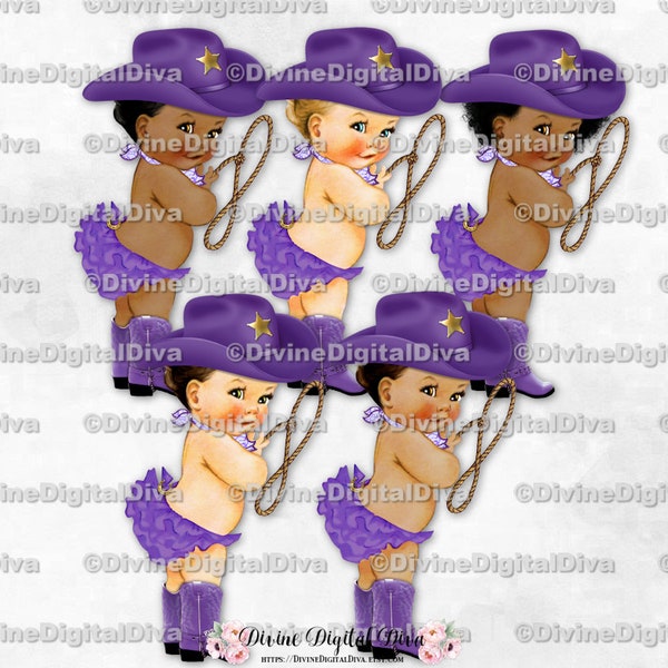 Little Cowgirl Purple Hat Boots Scarf Lasso | Baby Girl 3 Skin Tones | Clipart  Instant Download