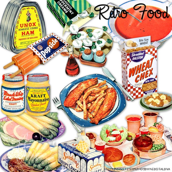 Retro Food Vintage 50s Meals Products Cooking Pantry Groceries | Mid Century Modern  | Clipart Instant Download