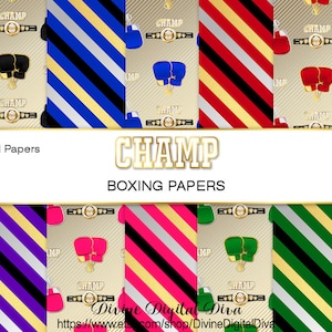 Guantes de boxeo Boxer Champ con rayas doradas, plateadas, azules, rojas, verdes y moradas, negras y blancas. Descarga instantánea de papeles digitales.