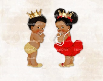 Clipart prince or et princesse rouge tutu bébé garçon fille tons foncés