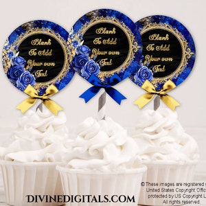Topper per cupcake stampabili vuoti con rose floreali blu reale e oro glitterate. Aggiungi il tuo testo e usalo più e più volte / Download digitale istantaneo