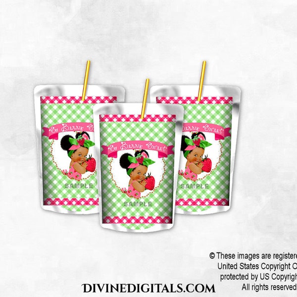 Printable Capri Sun Labels Strawberry Pink Green Gingham | Baby Girl Dark Tone Puffs | African American | Printable Digital Instant Download