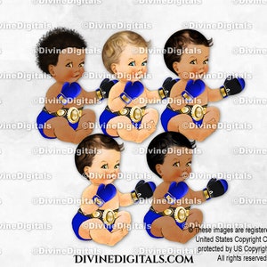 Boxeador azul rey y dorado, cinturón de campeón, guantes de boxeo, campeón, niño sentado, 3 tonos de piel, clipart, descarga instantánea