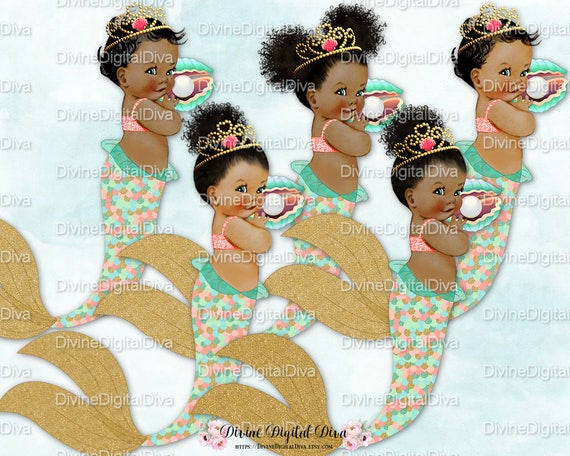 Download Mermaid Baby Girl Babies of Color Set Peach Mint Gold Coral