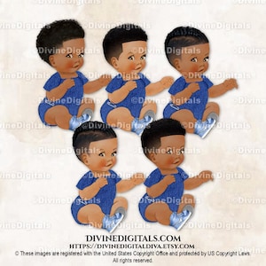 Little Prince Denim & Diamonds Sneakers Blue Silver | Sitting Baby Boy Babies of Color Braids Fades | Clipart Instant Download