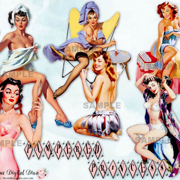 12 Pinup Pampered Princesses Retro Vintage Ladies Bathing Beauty Hair Primping |  Clipart Instant Download