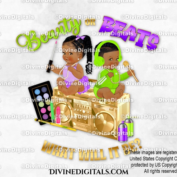 Beauty or Beats Lime Green Lavender Gold for T Shirts and More | Baby Dark Tone Braids | African American | Gender Reveal | Instant Download
