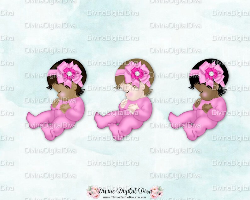Clipart Instant Download Sleeping Baby Girl 3 Skin Tones Pink One Piece Footie Pajamas Head Bow with Diamonds