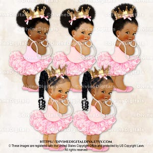 Roze prinses ballerina's tutu schoenen gouden kroon parels | Babymeisjes Afro-Amerikaanse baby's met gekleurde soezen | Clipart direct downloaden
