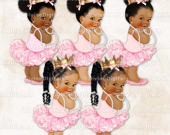 Princess Ballerina Pink Tutu Gold Crown Pearls Baby Girl Babies of Color Clipart