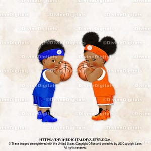 Basketbalschoenen koningsblauw oranje jersey met vrije worpen | Donkere kleur soezen jongens en meisjes | Gender Reveal-tweeling | Clipart direct downloaden