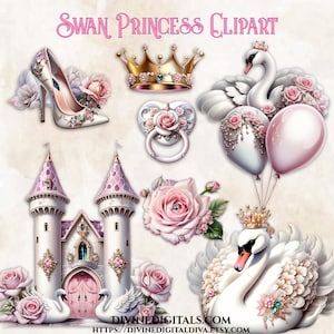 Schwan Prinzessin Märchen Dekorationen Clipart Scrapbook Journal Bilder Geburtstag Baby Shower Schloss Rahmen Stuhl Krone Instant Download CU