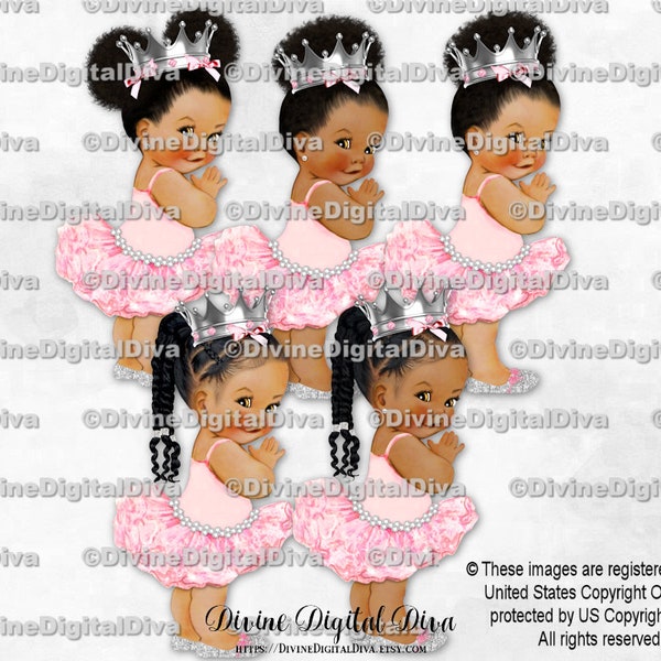 Princess Ballerina Pink Silver Shoes & Crown | Baby Girl Babies of Color African American Ethnic  | Clipart Instant Download