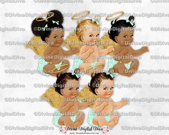 Ruffle Pants Mint /& Gold Sneakers Pearls Clipart Instant Download Baby Girl 3 Skin Tones