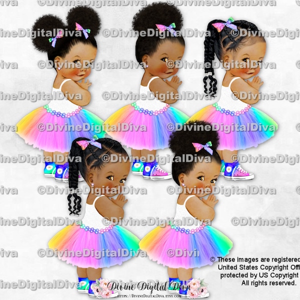 Princess Bright Rainbow Tutu White Shirt Tie Dye Sneakers | Baby Girl Babies of Color Puffs Braids | Clipart Instant Download