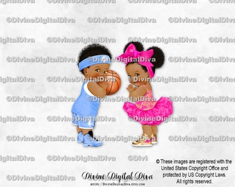 Basketball Light Blue Ballerina Hot Pink Head Bow Sneakers | Boy Girl Dark Tone Puffs | Gender Reveal Twins | Clipart Instant Download