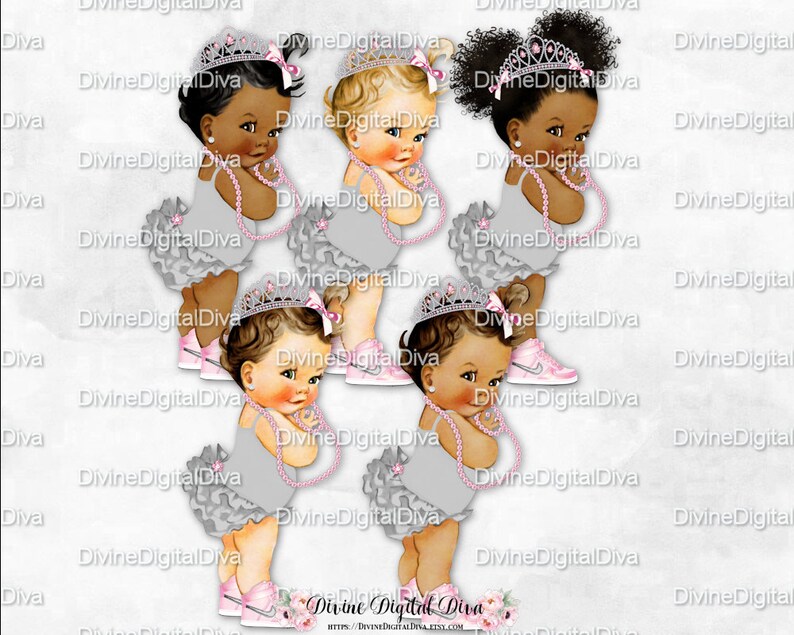 Baby Girl 3 Skin Tones Clipart Instant Download Princess Ruffle Pants Gray /& Pink Silver Tiara Sneakers Pearls
