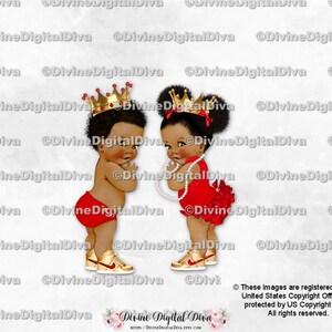 Zapatillas deportivas con corona roja y dorada de príncipe y princesa / Bebé niño niña en tono oscuro, estilo étnico afroamericano / Revelación de género / Clipart de descarga instantánea